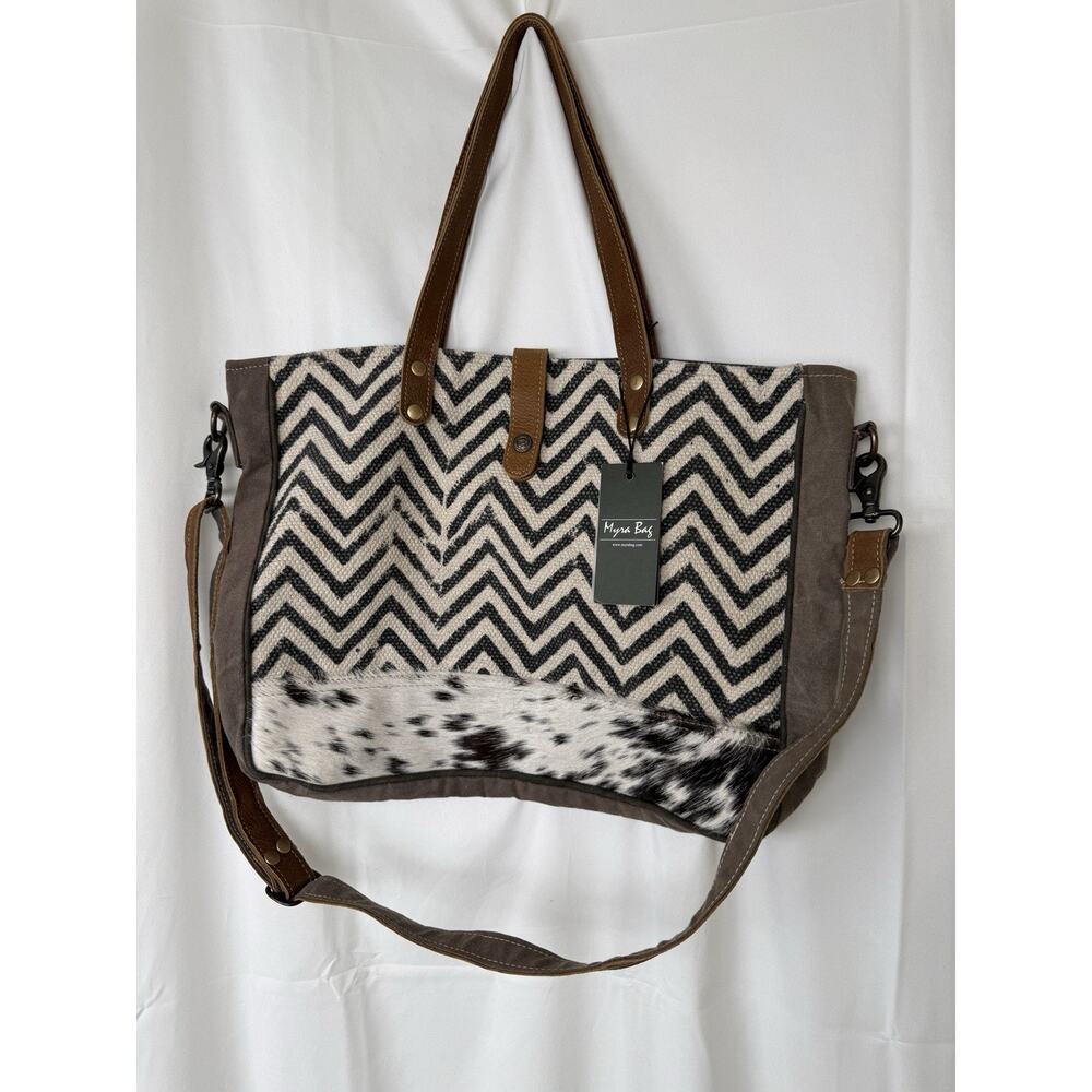 Myra Bag Canvas Tote Bag Chevron Print Cowhide Leather Western Festival Boho